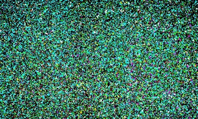 Abstract colorful mosaic dot pattern with glitch aesthetic, vibrant cyan and multicolor pixelated background.