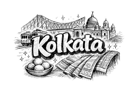 Hand-drawn kolkata landmarks and culture sketch with howrah bridge and traditional elements