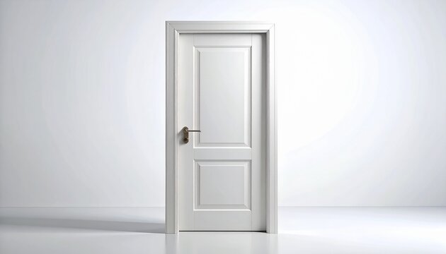 Classic white wooden door closed in an empty room with a white wall and floor. Concept of opportunity, choice, decision, and new beginnings. Minimalist interior design element on white background