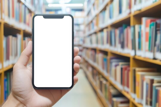 Hand holding mobile smart phone in library with empty screen for eBook application and digital library concept