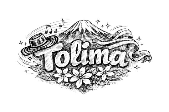 Rustic sketch of tolima with mount, hat, flowers, and music notes