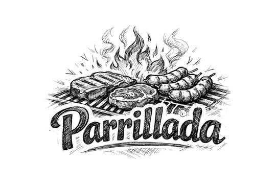 Grill sketch: parrillada with steak and sausages on fire