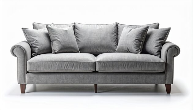 Comfortable and stylish gray fabric sofa with soft cushions. Modern three-seater couch for living room interior design. Classic furniture piece isolated on a clean white background studio shot.