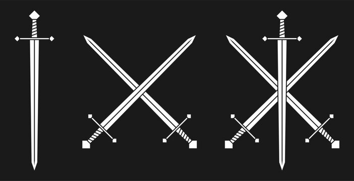 Sword vector illustration collection. Swords crossed set. Military or heraldry icon symbol. Protection and security sign. Medieval or knight weapon. Fantasy longsword fencing symbol.