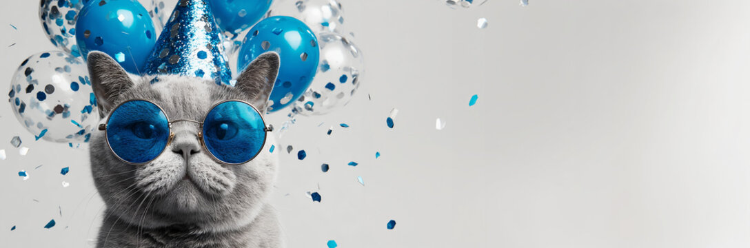 Funny kitty cat wearing sunglasses holding happy birthday balloons and confetti explosion flying around greeting card on white background with copy space.
