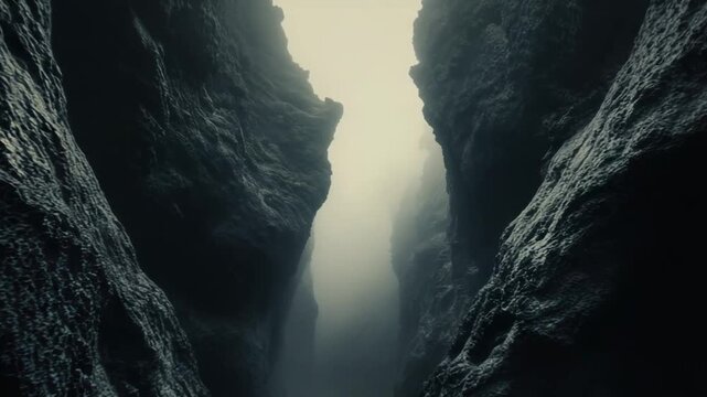Deep canyon walls frame a shadowed narrow path leading into hazy fog filled chasm, suggesting a rugged journey, mystery, and the promise of discovery