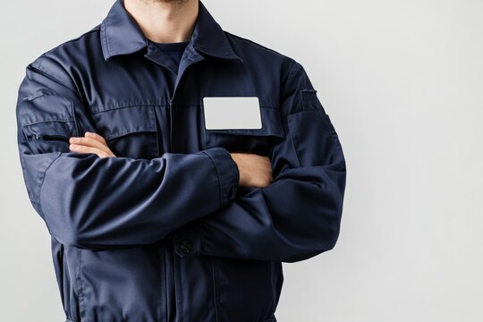 A man is in a navy mechanic uniform with a blank name badge