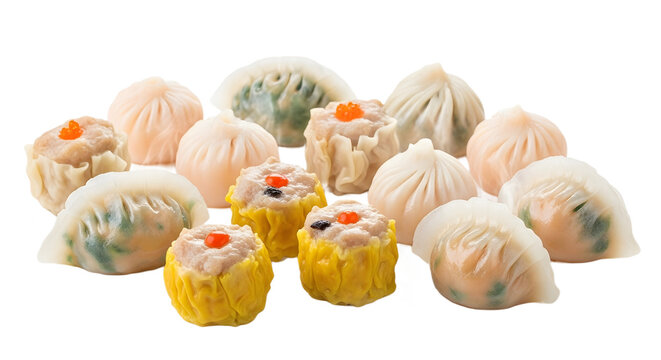 Traditional dim sum assortment, steamed Chinese dumplings and shumai, isolated food on white background