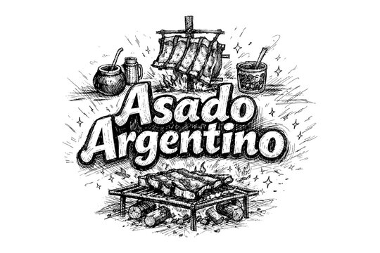 Traditional argentine asado sketch with grilled meat and mate elements