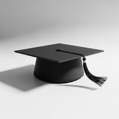 Matte black graduation cap with tassel on white background with shadow