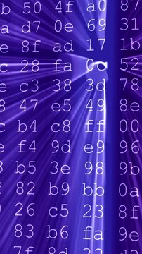 Hexadecimal code scrolling on a futuristic data stream background