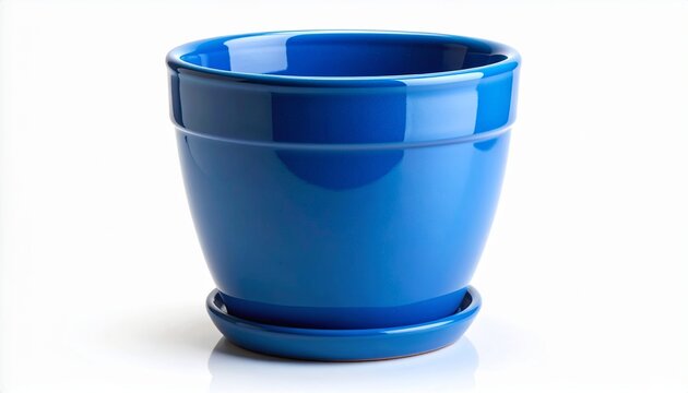 A vibrant blue ceramic flower pot with a matching saucer, perfect for indoor plants and gardening. This empty glazed pottery container is shown in a studio shot, isolated on a white background.