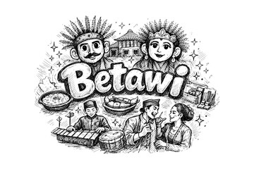 Fototapeta premium Celebrating betawi culture: traditional art, cuisine, and heritage in black and white sketch