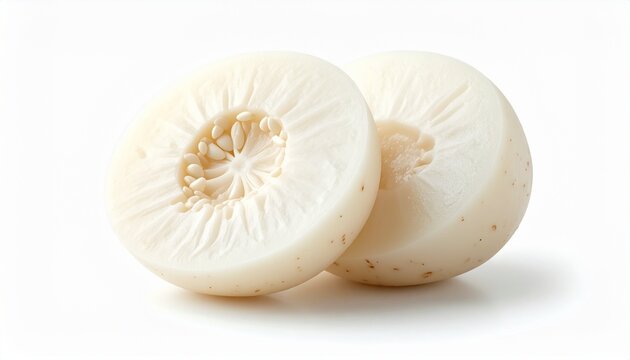 Two fresh delicious hearts of palm rounds, sliced to show the intricate texture and core. This gourmet vegetable ingredient is perfect for salads and healthy recipes, isolated on a white background.