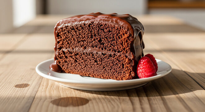 Chocolate Cake Slice on Wooden Table