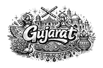 Naklejka premium Gujarat celebration: traditional dance and architecture in detailed ink art