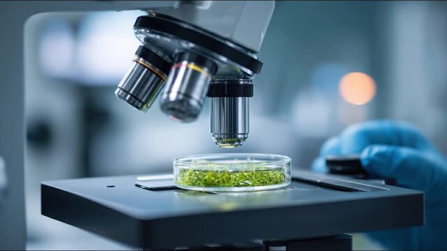 Scientific Scrutiny: A close-up view of a high-powered microscope examining a petri dish filled with a sample, revealing the intricacies of science and research.