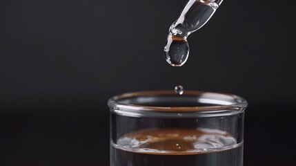 A clear liquid drop falls from a pipette into a laboratory beaker suggesting a scientific experiment or chemical analysis