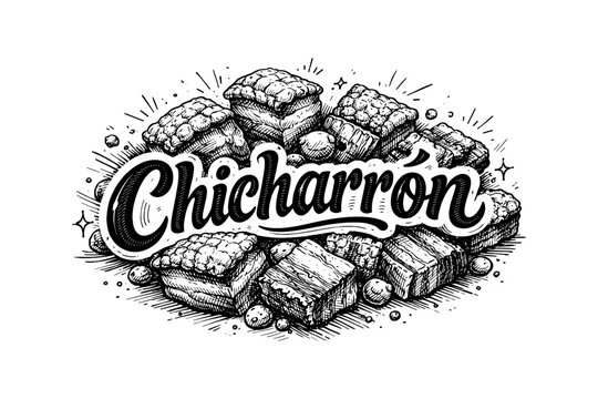 Delicious chicharr&oacute;n snack in detailed black and white sketch art