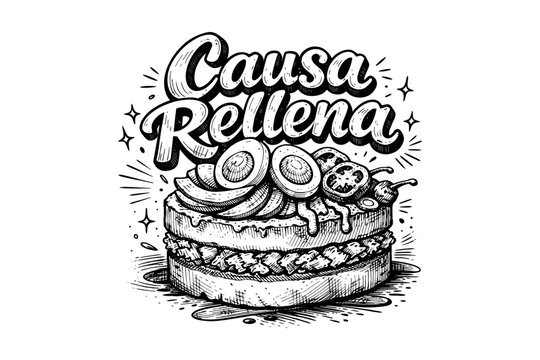 Hand-drawn peruvian causa rellena with vegetables and eggs in retro style