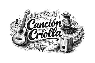 Fototapeta premium Traditional criolla music art with guitar, cajón, and dancing woman