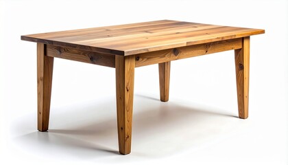 Fototapeta premium Classic wooden dining table with a natural finish, showcasing beautiful wood grain and rustic knots. Sturdy piece of furniture is perfect for kitchen or dining room interiors, isolated on a white bg.