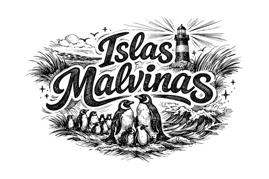 Vintage etching of penguins and lighthouse on islas malvinas coastline