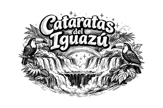 Monochrome iguazu waterfalls with tropical toucans and exotic plants design