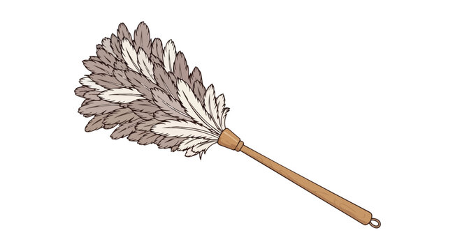 A beautifully illustrated feather duster showcasing soft, natural plumes and a sleek wooden handle. This elegant domestic cleaning tool symbolizes