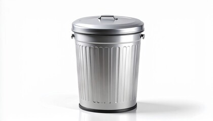 A clean, metallic trash can with a lid, standing upright. This silver steel rubbish bin is perfect for waste management and disposal concepts, isolated on a clean white background with a shadow.