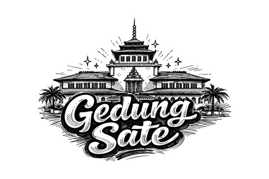 Intricate hand-drawn architecture of gedung sate with elegant typography