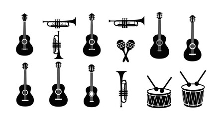 Obraz premium Musical Instruments Silhouettes: Guitars Trumpets Drums and Maracas on White Background
