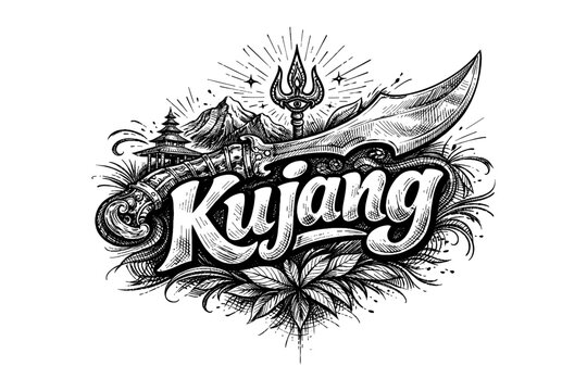 Intricate kujang design with mountains, temple, and stylized foliage