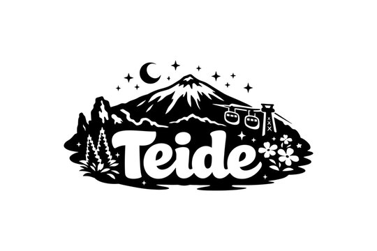 Teide mountain monochrome design with cable cars and crescent moon