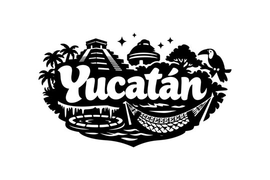 Black and white yucat&aacute;n design with chichen itza and tropical elements