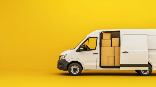 White van with open side door displays cardboard boxes against yellow background for delivery service mock up