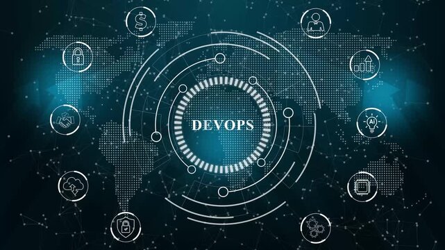 DevOps Methodology Development Operations agil programming technology concept. Abstract technology data connection symbols on a deep cyan color background.