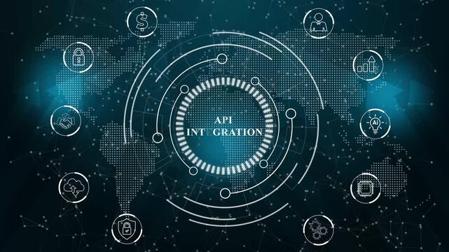 API Integration Cyber Security Concept with Icons api integration connection. Abstract technology data connection symbols on a deep cyan color background.