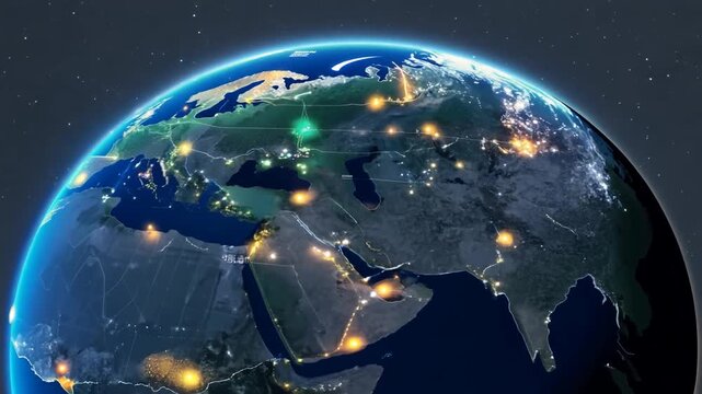 A simulated view of Earth at night showing Eurasia. Illuminated city lights and glowing lines represent a global data network infrastructure and communication spread across continents from Europe to 