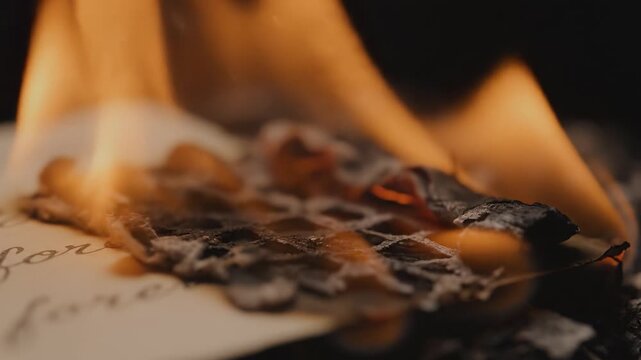 Handwritten letter with forever text burns in fire. Symbolizes broken promises and end of relationship. Ideal for cinematic content about heartbreak or anti valentine themes.