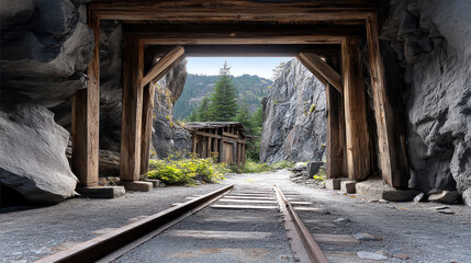 Fototapeta premium Old wooden mine entrance railway track rocky cliff green tree mountain abandoned sunlight outdoor peaceful nature