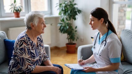 Obraz premium Female nurse discussing health with elderly caucasian woman in home setting.
