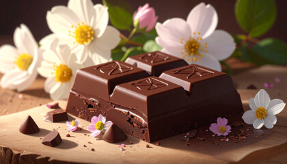 Dark chocolate bar with white flowers. For Valentine's Day.