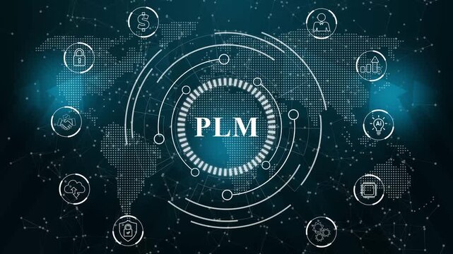 PLM Product lifecycle management system technology concept. Technology, Internet and network concept. Abstract technology data connection symbols on a deep cyan color background.