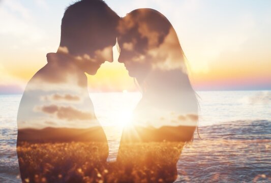 Lovers silhoette couple on sunset nature