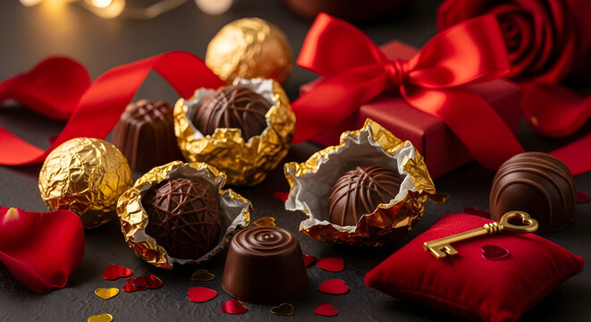 Assorted luxury chocolate pralines arranged on elegant red fabric background, romantic and festive mood, high quality food photography.