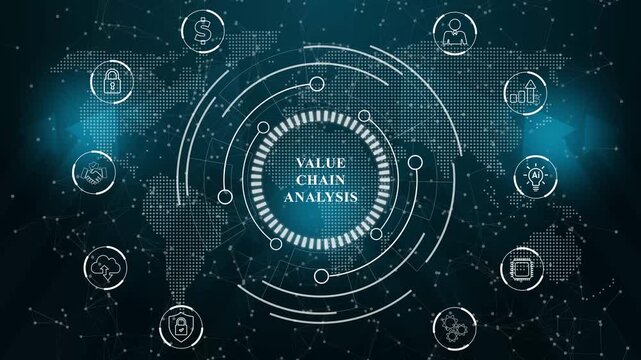 Value chain analysis displayed on a futuristic blue and technology interface, Business, Internet and network concept data transfer. Abstract technology data connection symbols on a deep cyan color