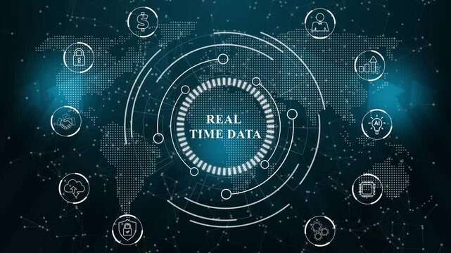 Abstract real time data visualization ,performance metrics, and business insights from large data sets ,network , business ,technology concept. technology data connection symbols on a deep cyan color