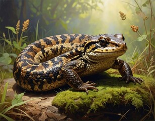 Fototapeta premium Detailed close-up of a vibrant, patterned lizard basking in natural sunlight
