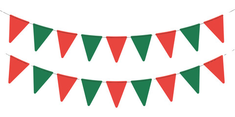 Obraz premium Alternating red and green triangular bunting flags on strings for festive decoration isolated white